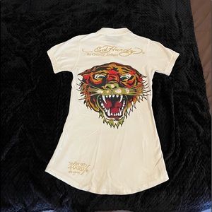 Ed Hardy Christian Audigier white rhinestoned tiger polo in size medium.